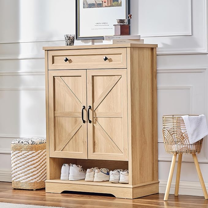 SOOWERY Shoe Cabinet with Drawer, Farmhouse Shoe Storage Cabinet with Doors, 5 Tiers Narrow Shoe Organizer for Entryway, Foyer, Hallway, Natural Oak by SOOWERY