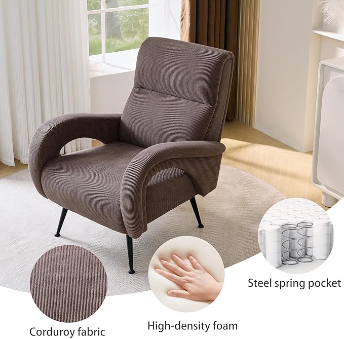 Corduroy Living Room Accent Chairs, Comfy High Back Reading Chair with Curved Arms and Solid Legs, Upholstered Armchair for Bedroom, Reading Nook, Apartment, Brown