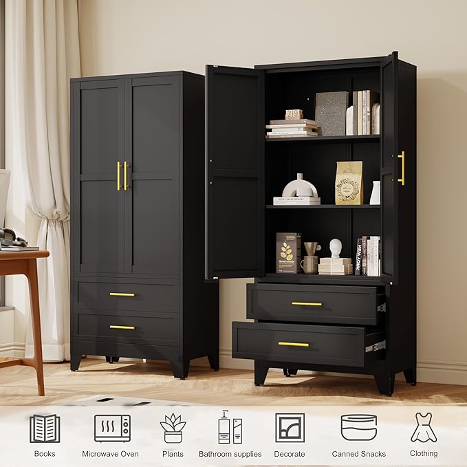 GAIOUS Steel Pantry Cabinet, 71" Metal Storage Cabinets with 2 Doors, 2 Adjustable Shelf and 2 Drawers, Freestanding Storage Cabinet for Bedroom, Kitchen, Home Office (Black)