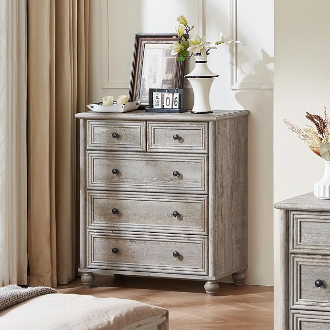 RWYHG Farmhouse 5 Drawer Dresser for Bedroom Set of 2, 35.5" Tall Small Dressers & Chest of Drawers, Rustic Wood Dresser with Roman Column, Storage Organizer for Living Room, Hallway, Closet (Grey) - Image 3