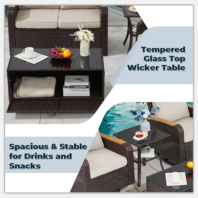 5 Pieces Outdoor Furniture Set with Swivel Chairs, Patio Wicker Patio Furniture Sets for Porch Deck Bistro Lawn Garden Backyard Poolside-Khaki
