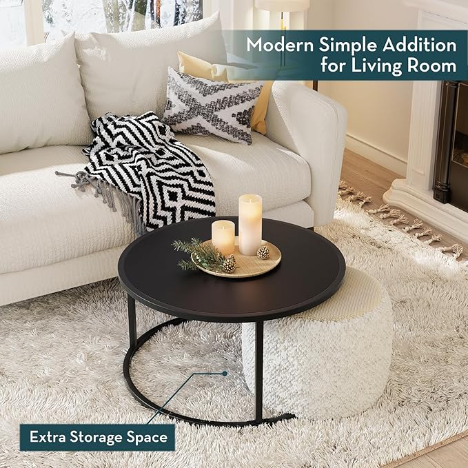 SAYGOER Small Round Coffee Table, Black Coffee Tables for Living Room, Modern Center Table for Small Space Home Office Gardern, 27.6 × 27.6 × 17.7inch, Black
