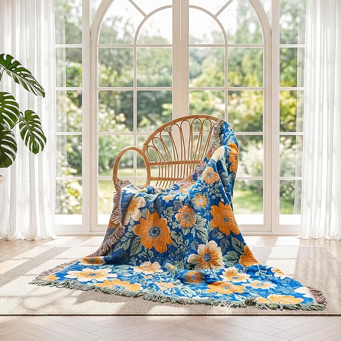 LUTBM Boho Throw Blanket for Couch Sofa Chair Cotton Spring Blankets for Bedroom Living Room All Season Lightweight Reversible Floral Embroidery Throws 50"x60"