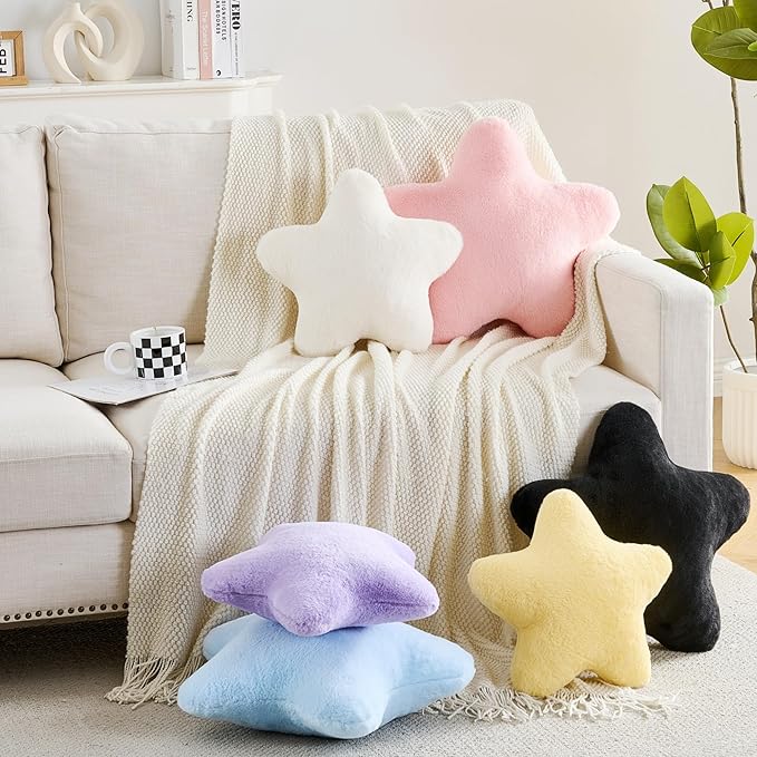 CANGHI Star Pillow 15.7" Pink Star Shaped Decorative Throw Pillow for Couch Bed Aesthetic Plush Floor Seating Cushions with Soft Faux Rabbit Fur for Sofa Bedroom Living Room