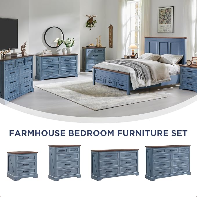 ACCOHOHO Farmhouse Nightstand with Charging Station, 22 Inch Wide End Table with 3 Large Drawers & Bar Handles, Rustic Wood Small Dresser Chest of Drawers for Bedroom, Living Room, Closet, Blue - Image 4