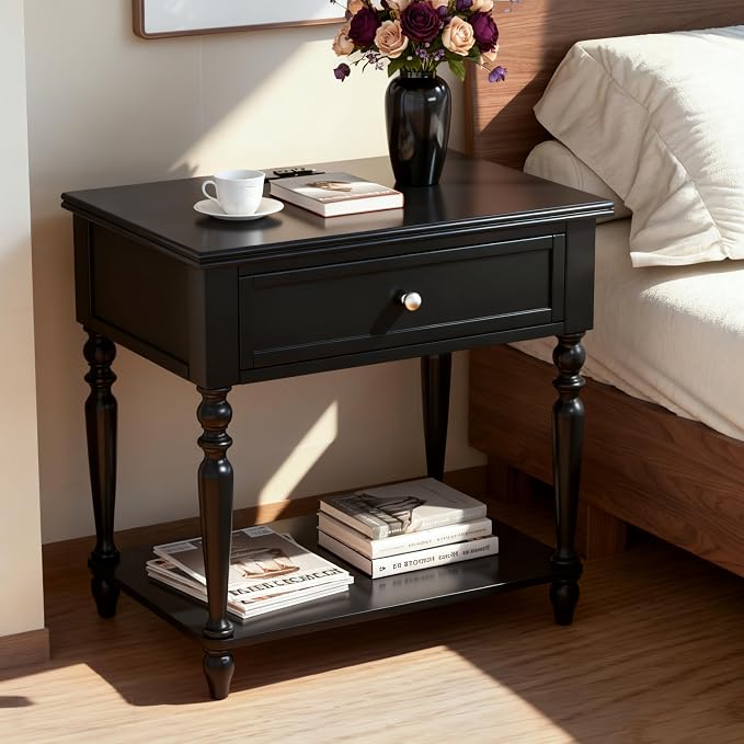 Solid Wood Nightstand with Charging Station, Traditional End Table with Drawers and Open Shelf, Bedside Table with Storage, Modern Side Table for Bedroom Set of 2, Black - Image 7