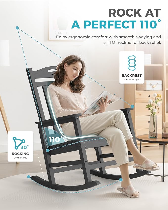 Ciokea Oversized Outdoor Rocking Chairs Set of 6, 380lbs Heavy-Duty Large Patio Rocker, High Back Cozy Porch Chairs, Weather Resistant Patio Rocking Chairs for Outside, Fire Pit, Deck, Dark Grey - Image 5