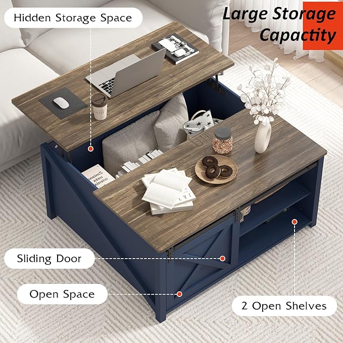 PUKAMI Lift Top Coffee Table with Storage, 31.5" Farmhouse Coffee Table for Living Room, Square Coffee Tables with Large Hidden Storage and Sliding Barn Doors, Navy Blue