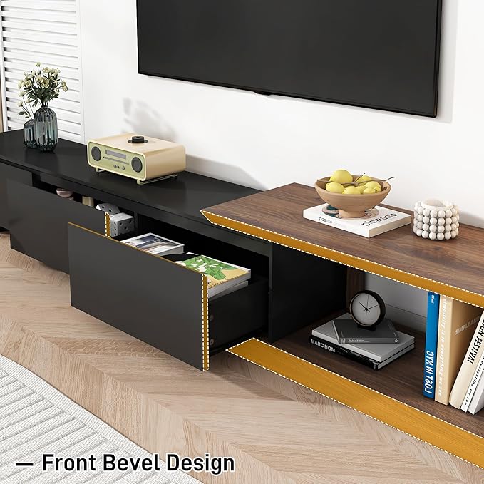 chartustriable Extendable TV Stand with 3 Drawers, Modern Minimalist Entertainment Center, Reversible Long TV Media Console, Bevel Design, 82-107.3 Inch, Black & Walnut - Image 5