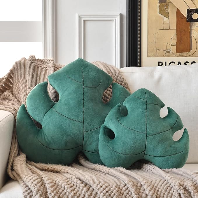 19.6 Inch Dark Green Leaf-Shaped Cotton Fill Decorative Throw Pillow for Bed Couch, Nature-Inspired Leaf Pillow