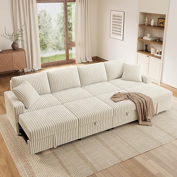 HONBAY 121.3 Inch Modular Sectional Sleeper Sofa with Pull Out Bed, Convertible L & U Shaped Couch with Storage & Adjustable Backrest, Velvet White