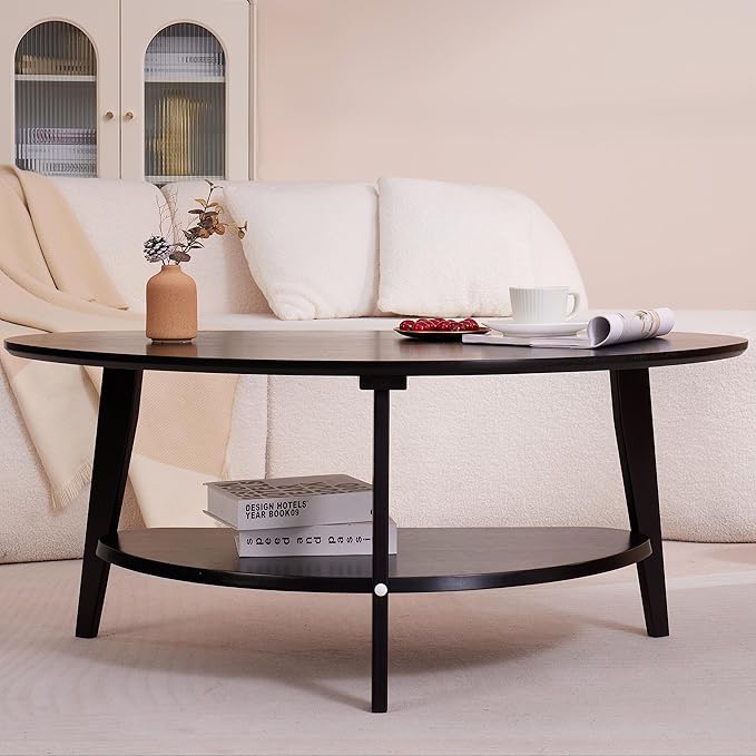 Mid Century Modern Coffee Table, Oval Coffee Tables with Storage for Living Room, 2 Tier Solid Wood Center Table, Black Coffe Tables, Easy Assembly, 40.2" D x 22" W x 17.7" H