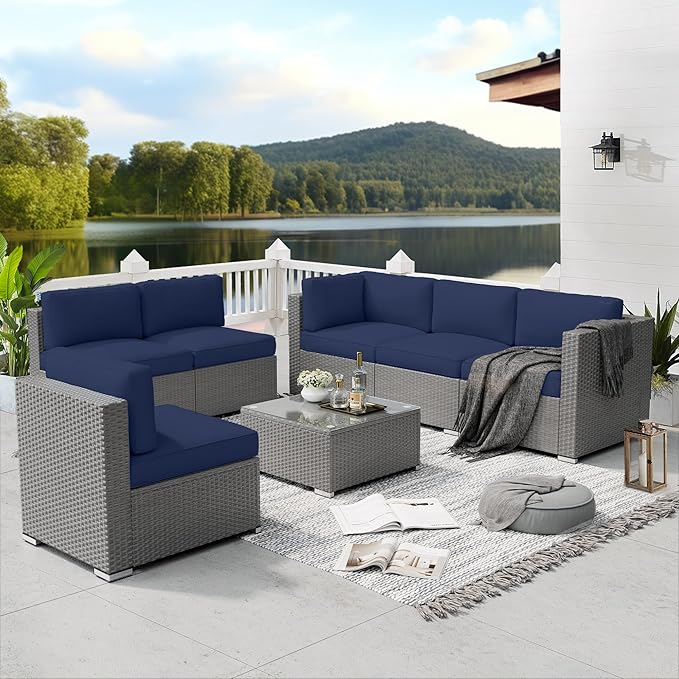 SUNCROWN Outdoor Patio Furniture Set 7 Piece Outdoor Sectional Sofa Grey Wicker Conversation Sofa Set with Coffee Table and Cushions (Dark Blue)