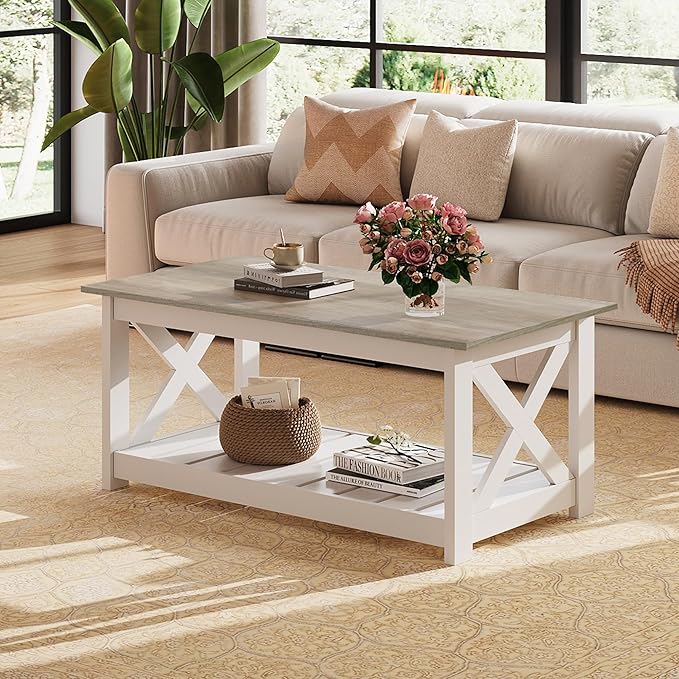 WLIVE Farmhouse Coffee Table for Living Room, 40.1" Rustic Center Table with X-Frame Support & Storage Shelf, 2-Tier Wood Coffee Tables for Bedroom & Balcony, White