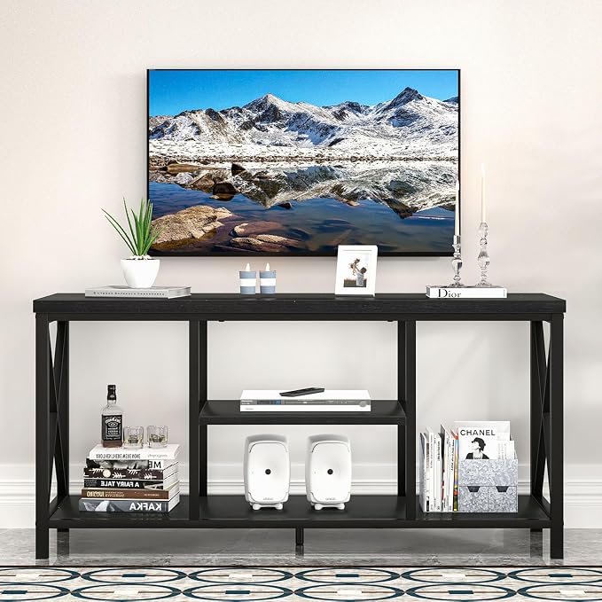 EXCEFUR Modern Entertainment Center for TVs up to 55 Inch, Wood TV Stands with Storage Shelves, Industrial Media TV Console Table for Bedroom Living Room, 47 Inch Black Oak - Image 7