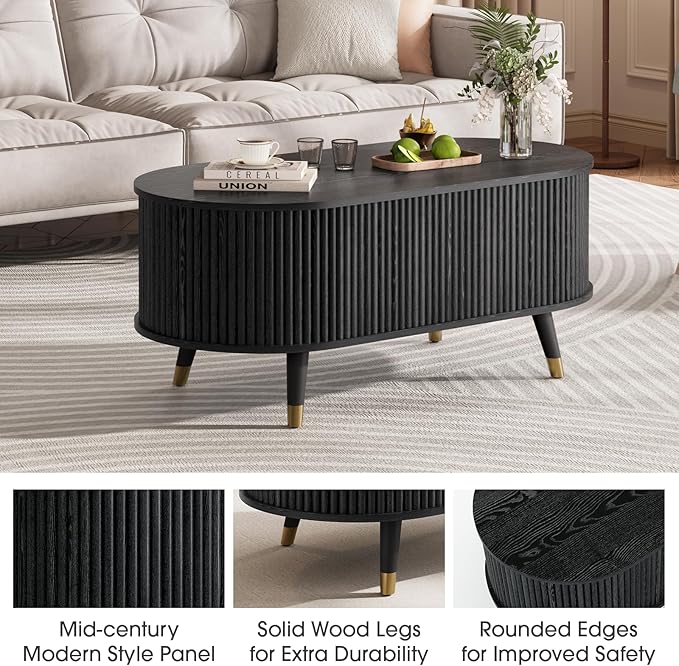 42.5" Oval Lift Top Coffee Table with Storage, Mid Century Modern Black Center Table with Fluted Design, Solid Wood Legs & Hidden Compartment, Pop Up Cocktail Table for Living Room