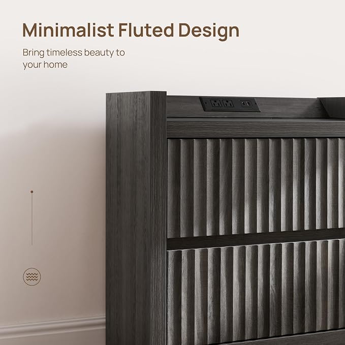 SICOTAS Night Stand Set of 2-Fluted Nightstands with Charger Station-Large Nightstand Bedside Table End Table with 2 Drawers, 25" Wide Mid Century Modern Night Stands for Bedroom-Black Oak - Image 6