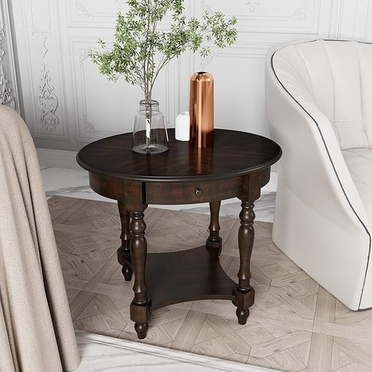 Solid Wood Oval End Table with Drawer and Storage Shelf, 28" Traditional Retro Side Table Polished Edging Sofa Table Bedside Nightstand for Living Room Bedroom Home, Vintage Walnut