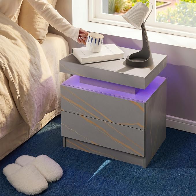i-aplus Grey Night Stand with 2 Drawers LED Nightstands Bedroom Night Stand for Bedroom, Living Room - Image 5