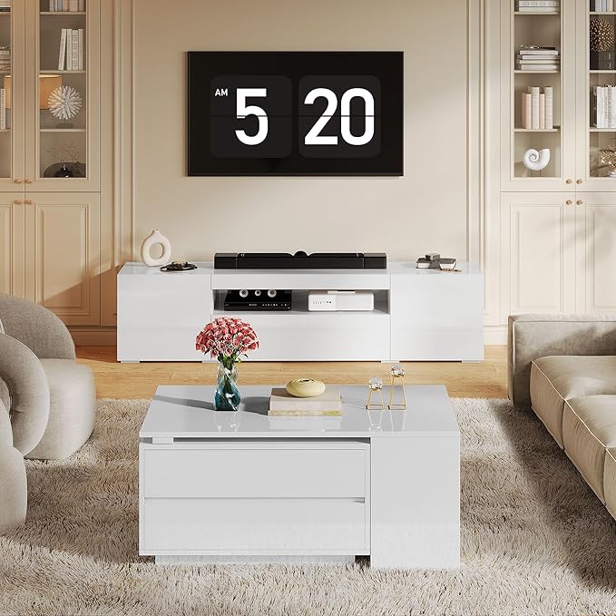 YITAHOME Coffee Table LED Coffee Table with 4 Storage Drawers, Extendable Coffee Tables for Living Room, Modern Wooden Rectangle Cocktail Table with Open Shelves & Sliding Tabletop 35"- 61", White