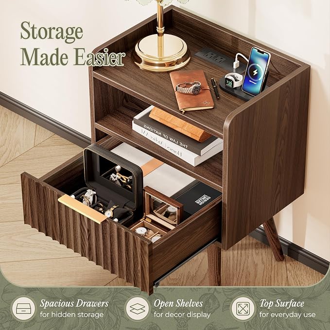 Huuger Nightstand with Charging Station, USB-C Port, Fluted Night Stand with Drawer, Bed Side Table with Solid Wood Feet, Open Storage, End Table with Raised Edge, for Bedroom, Walnut - Image 6
