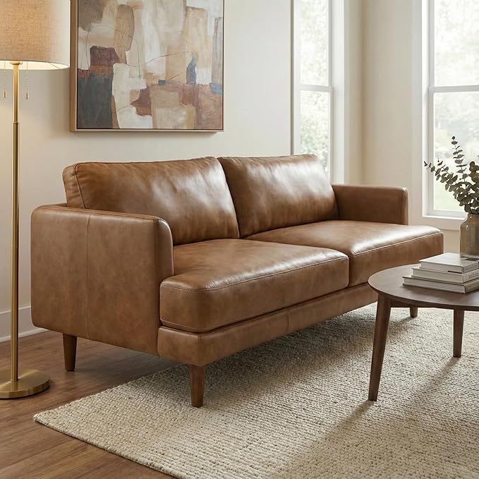 SIMPLIHOME Livingston Sofa - 76 inch Wide Top Grain Genuine Leather Sofa in Caramel Brown, Mid-Century Modern Loveseat for Living Room with Removable Feather-Wrapped Cushions and Solid Wood Frame