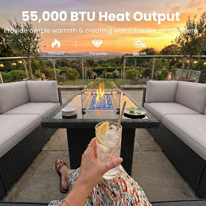 8 Pieces Patio Furniture Set with 44" Propane Gas Fire Pit Table, Outdoor Sectional Wicker Conversation Sofa Sets with Coffee Table