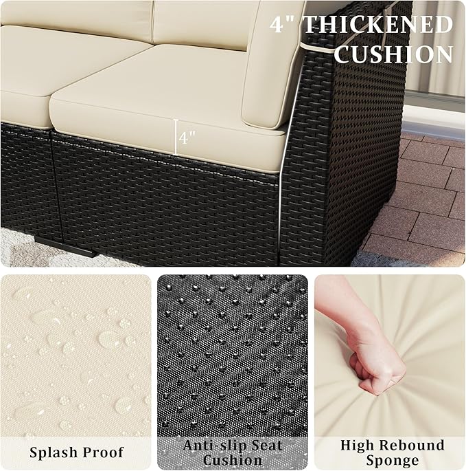 Patio Furniture Set, 7 Pieces Outdoor Sectional Sofa Set with Waterproof Cover, Black PE Wicker Rattan Slanted Back Outdoor Conversation Set with Cushions and Glass Coffee Table, Khaki