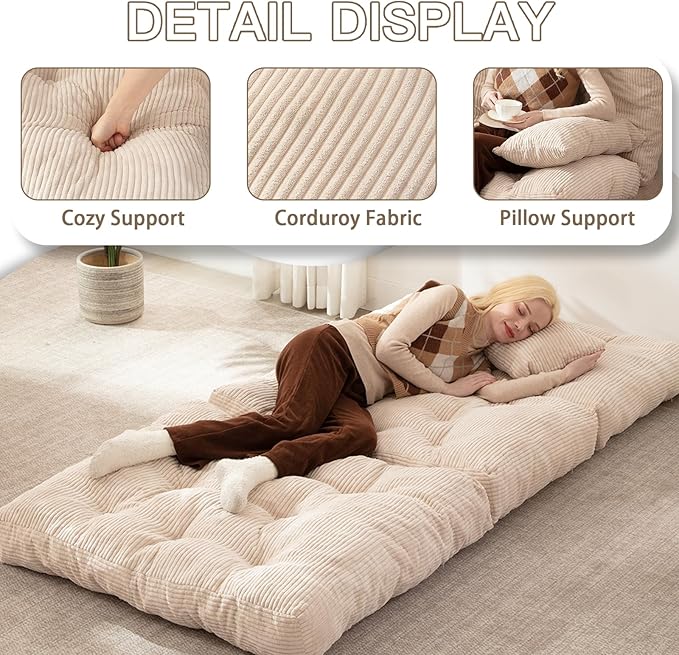 Folding Sofa Bed, Convertible Sleeper Chair with Pillow Foldable Mattress with Back Support, Portable Fold Out Chair Bed Comfy Floor Sofa Lounge for Living Room Bedroom, Beige Twin 80x39 Inch