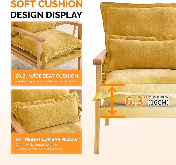 VINGLI Mid-Century Modern Cloud Accent Armchairs set of 2 with Lumbar Pillow, 6.3'' Thick Seat Cushion Reading Chairs with Wooden Armrests, Boho Lounge Chair for Bedroom, Living Room, Chenille, Yellow