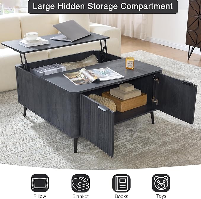 Lift Top Coffee Table with Storage, 35.4" Wide Square Black Coffee Table with Large Hidden Compartment, Mid Century Modern Fluted Center Table for Home Living Room, Balck Grey