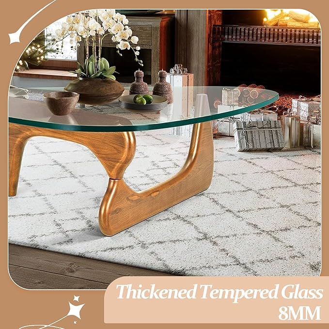 Glass Coffee Table for Living Room, Triangle Coffee Table with Tempered Glass Top & Wood Legs, Mid Century Coffee Tables, Brown Walnut Center Tables for Bedroom Reception Office