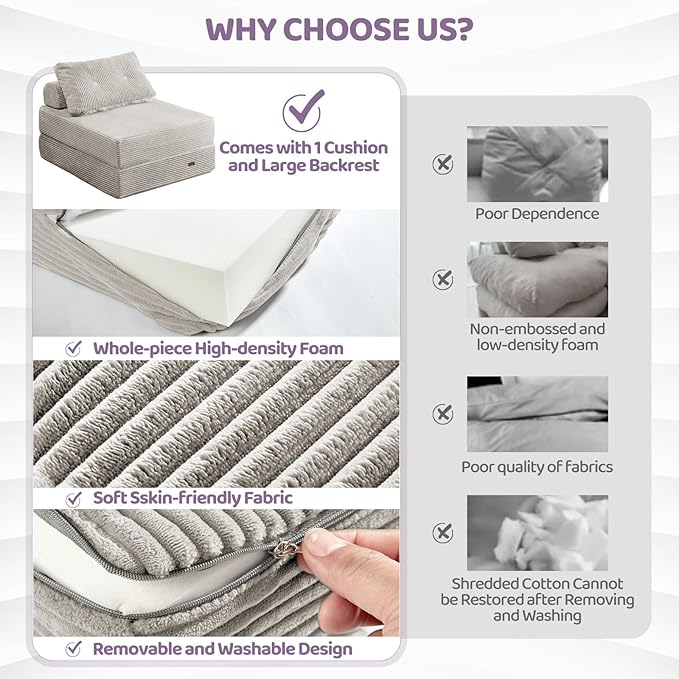Folding Chair,Sleep Chair with High-Density Support Foam,Portable 3 in 1 Fold Out Chair with Back Support and Pillow for Bedroom、Balcony、Hotel、Apartment,Single,Silver Gray