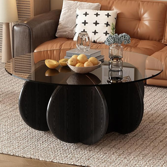 31.5'' Round Coffee Table with Tempered Glass Top, Mid-Century Modern Cocktail Table with Sturdy Wood-Inspired Base, Small Space Living Room Center Table, Easy Assembly (Black + Brown)