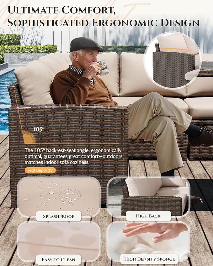 U-MAX 7 Pieces Patio Furniture Set, Outdoor Sectional Sofa Conversation Set, All Weather Wicker Rattan Dining Table & Chair with Ottoman, Brown Rattan&Khaki Cushion