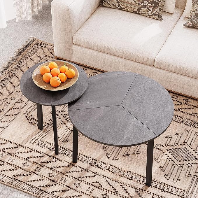 COSIEST Small Coffee Table Set of 2, Round Coffee Table with Sturdy Metal Base, Nesting Coffee Table for Living Room, Bedroom, Office (Gray & Black)