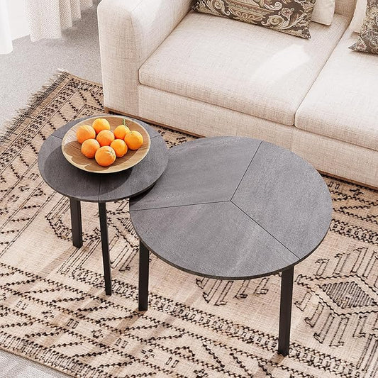 COSIEST Small Coffee Table Set of 2, Round Coffee Table with Sturdy Metal Base, Nesting Coffee Table for Living Room, Bedroom, Office (Gray & Black)