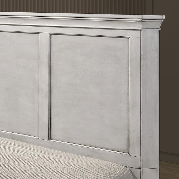 Roundhill Furniture Maderne Wood Panel Bed with Two Nightstand, Queen, Antique White Finish