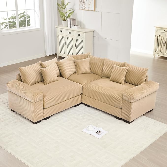 KEIKI 79" L-Shaped Oversized Corduroy Modular Cloud Sectional Sofa with High-Density Foam Cushion, Extra-Thick Armrest, Convertible 3-Seater Fluffy Corner Couch with 10 Pillow, for Living Room, Camel