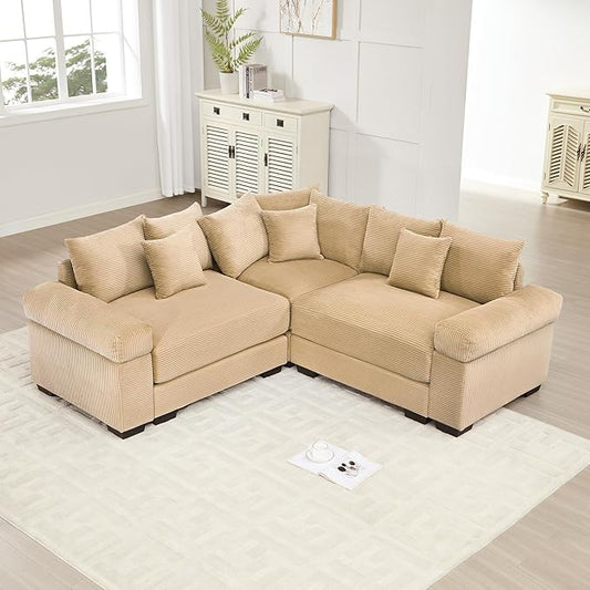 KEIKI 79" L-Shaped Oversized Corduroy Modular Cloud Sectional Sofa with High-Density Foam Cushion, Extra-Thick Armrest, Convertible 3-Seater Fluffy Corner Couch with 10 Pillow, for Living Room, Camel