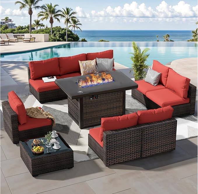 Patio Furniture Set with Fire Pit Table 10 Piece All Weather PE Rattan Outdoor Sectional Sofa Couch with 8 x armless sofa, No-Slip Cushions and Glass Top Table for Garden, Poolside, Backyard (Red)