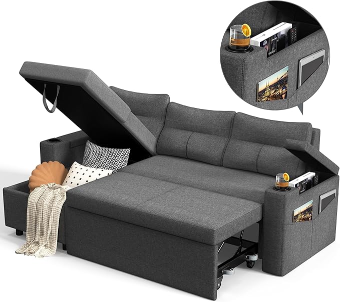 Pamapic 81" Sleeper Sofa with Armrest Storage,L-Shaped Sofa with Supportive Cushions,Cup Holders,Side Pockets,Pull Out Sleeper Sofa Bed,Pullout Sectional Sofa Couch with Large Storage,Gray