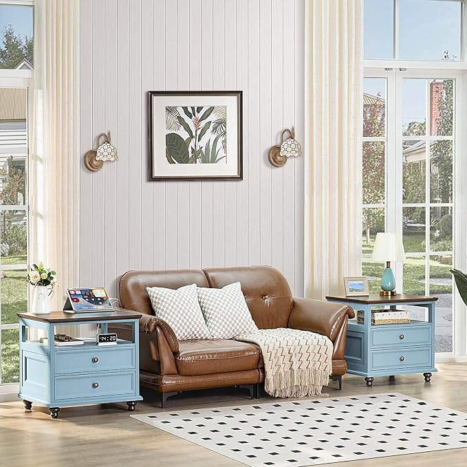 Joaxswe Farmhouse Nightstand with Charging Station, 24" Wide End Table with 2 Drawers, Light Blue Dresser for Bedroom,Wood Bed Side Table Chest of Drawers Cabinet,Night Stand for Living Room,Closet - Image 6