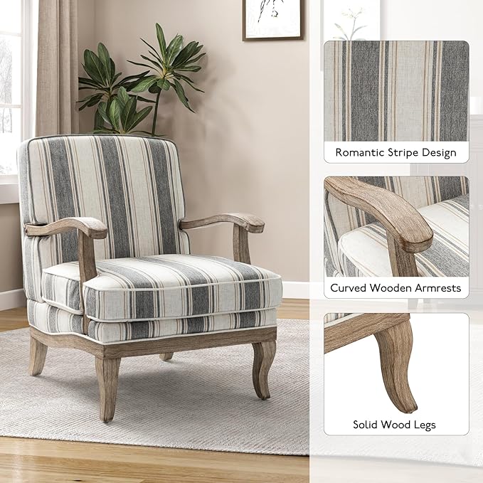 HULALA HOME Mid-Century Modern Chair Set of 2, Upholstered Accent Chair with Graceful Curves and Wooden Legs, Comfy Lounge Armchair Striped Accent Chairs for Living Room, Bedroom (Stripe)