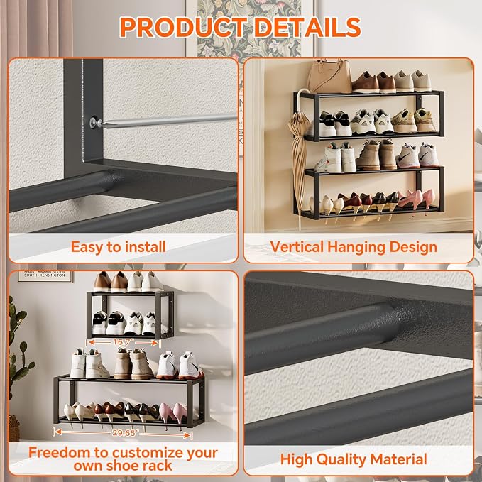 Homeiju Hanging Shoe Organizer,2 Pack Wall Mounted Shoe Rack Holds 12 Pairs,Space Saving Metal Wall Shoe Rack,Hanging Shoe Rack Shoe Holder for Small Space,Entryway,Closet,RV,Camper（Black - Image 7