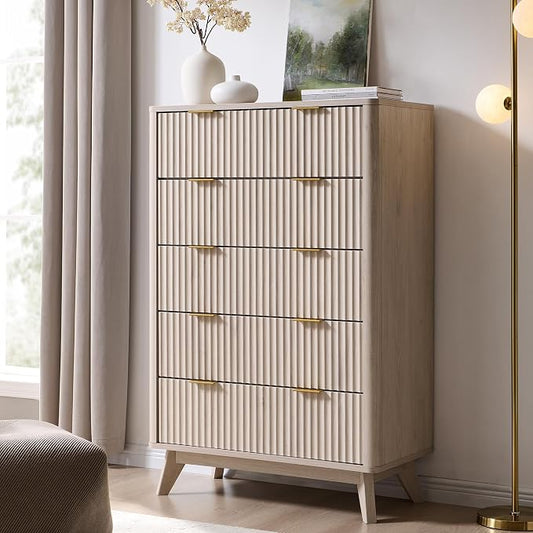 T4TREAM Fluted 5 Drawers Dresser, 48" Tall Modern Chest of Drawers, Curved Profile Design, Wood Drawer Organizer for Bedroom, Living Room, Hallway, Entryway, White Alder by T4TREAMFurniture