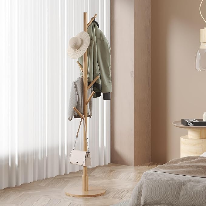 VECELO Coat Rack Freestanding, Entryway Hanger Stand, Umbrella Holder, Hall Tree With Hooks, Floor Standing Metal Tree Stand,Light Wood by VECELO