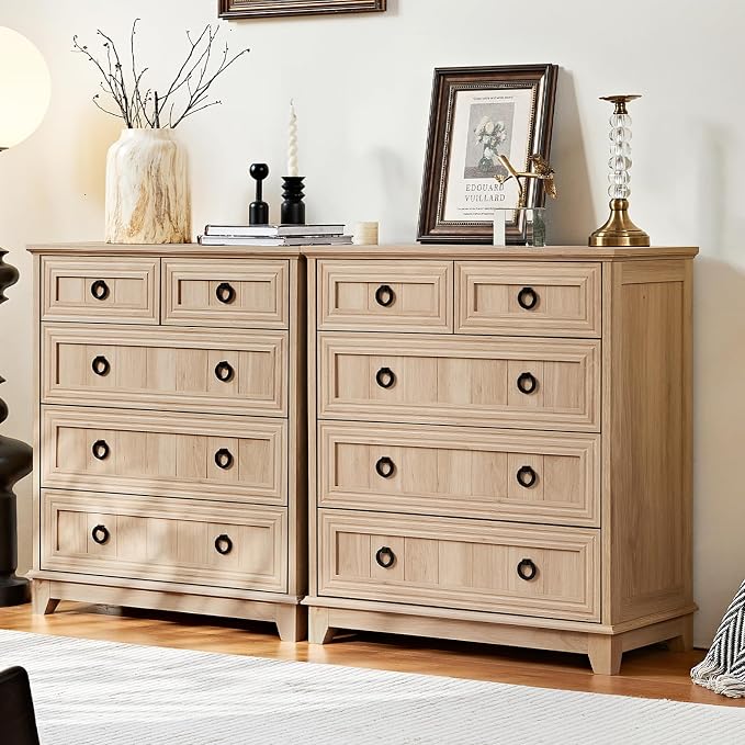 Joaxswe Farmhouse 5 Drawer Dresser for Bedroom Set of 2, 33.2" Tall Small Dressers & Chest of Drawers, Rustic Wood Dresser with Metal Handle, Storage Organizer Closet for Living Room, Hallway,Entryway by Joaxswe