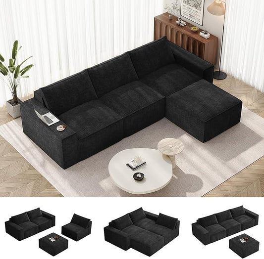 Vesgantti 114" Modular Sectional Boneless Couch, Modern 3 Seater Sofa with Ottoman & Deep Seat, Convertible Chenille L Shaped Cloud Couches for Living Room, No Assembly Required, Black