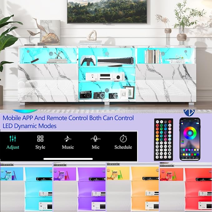 Hlivelood 70" Large LED TV Stand for 65/70/75Inch TV, High Glossy White TV Stand for Living Room,Modern Gaming TV Entertainment Center with Adjustable Storage Shelf,TV Console(White Marble) - Image 4